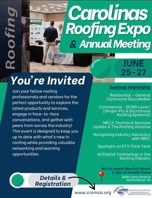 Green and blue flyer for the Carolinas Roofing Expo & Annual Meeting.